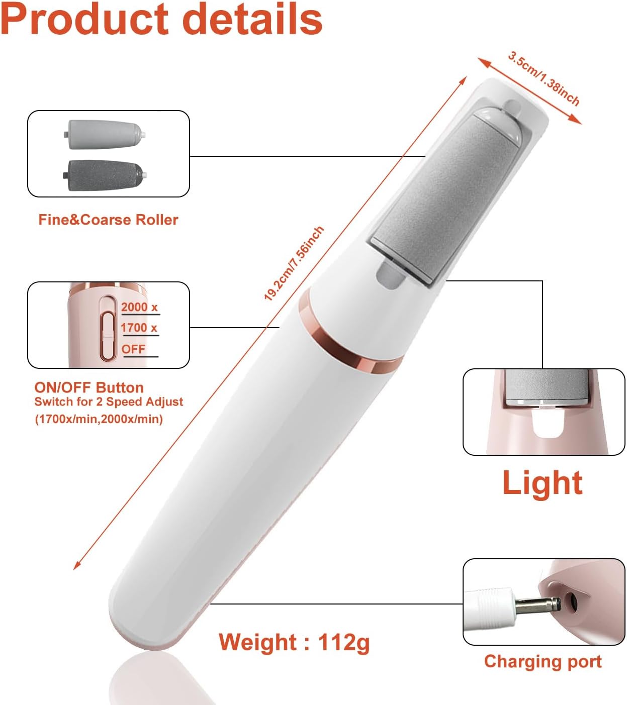 Electric Callus Remover for feet,Rechargeable Foot Callus Remover -2 Speed Adjustable,Coarse & Fine Roller - Electric Hard Skin Removal for Feet-Smooth feet in Seconds for Women & Men (White)