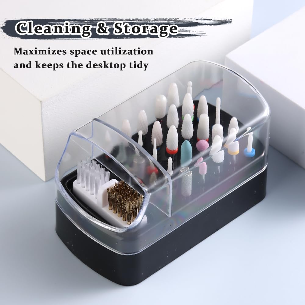 2 in 1 Nail Drill Bits Holder with Nail Drill Bits Cleanser, 30 Holes Dustproof Drill Bits Stand Display Storage Box, Steel Wire & Nylon Double Brush Manicure Drill Cleaning Tools for Home Salon