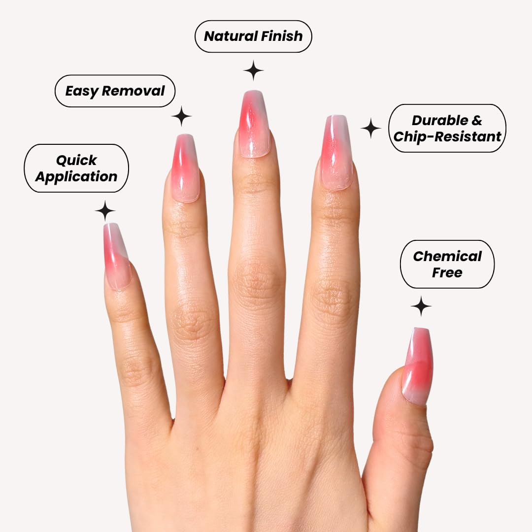 Perfect Look Press On Nails - Peach Bloom | No Glue One-Day Coffin Nails, Glossy Coral Ombre Fake Nails, Natural Look - 24 Pcs Nail Kit with Adhesive Tabs