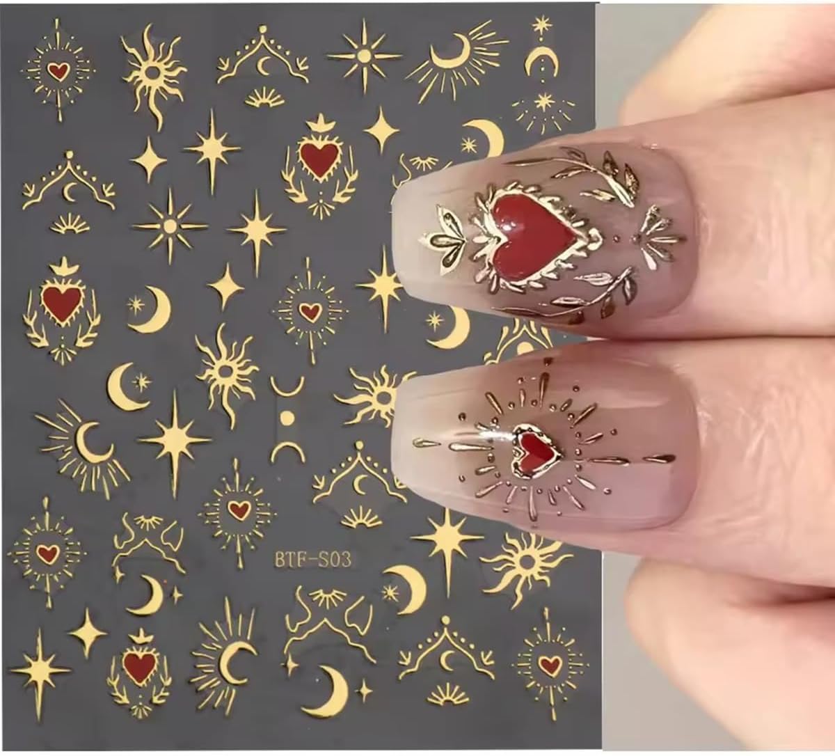 Gold Silver Nail Art Stickers Decals 6 Sheets Moon Star Nail Stickers 3D Self Adhesive Nail Decals Heart Moon Starlight Star Nail Art Design Decoration Accessories for Women Girls