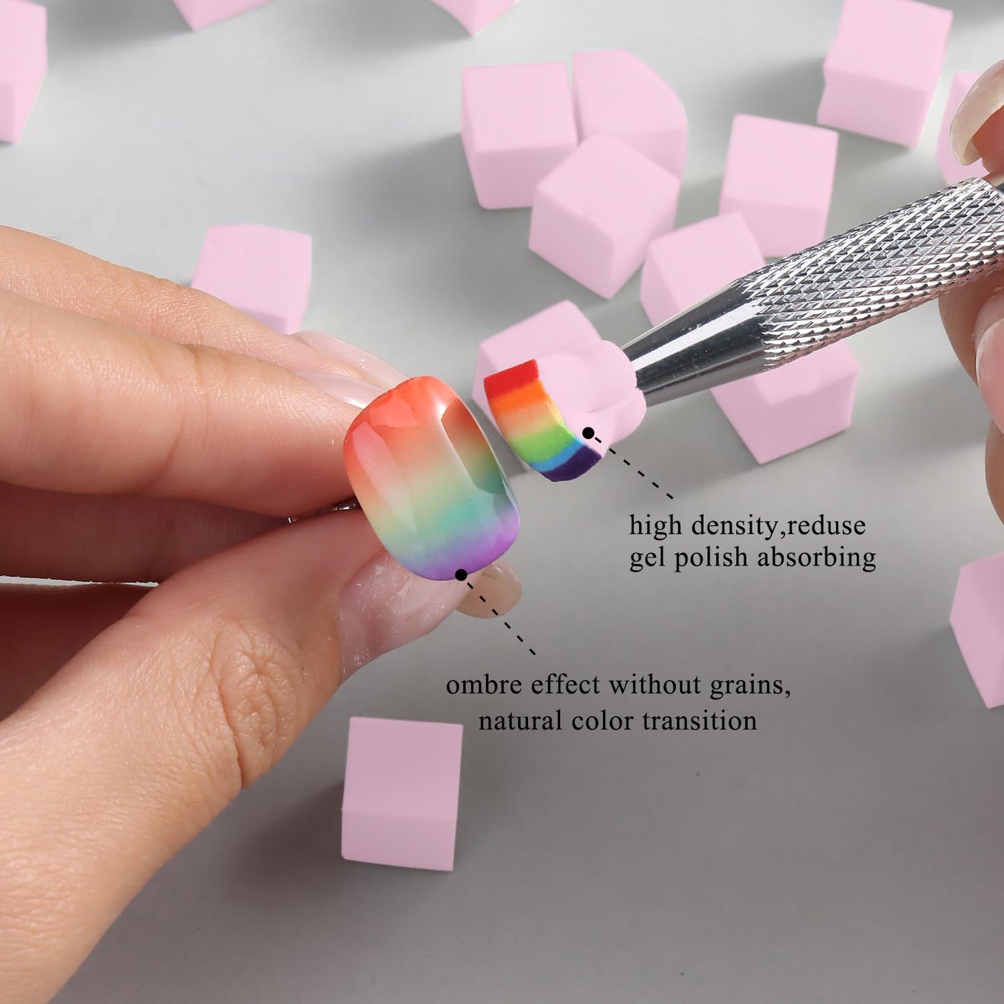 100Pcs Soft Nail Sponges for Ombre, Gradient Effect Pink Nail Art Sponges With Grabbing Pen 6Pcs Wedge Sponges Aura Nails Ombre Nail Brush Professional Accessories Manicure Salon Supplies