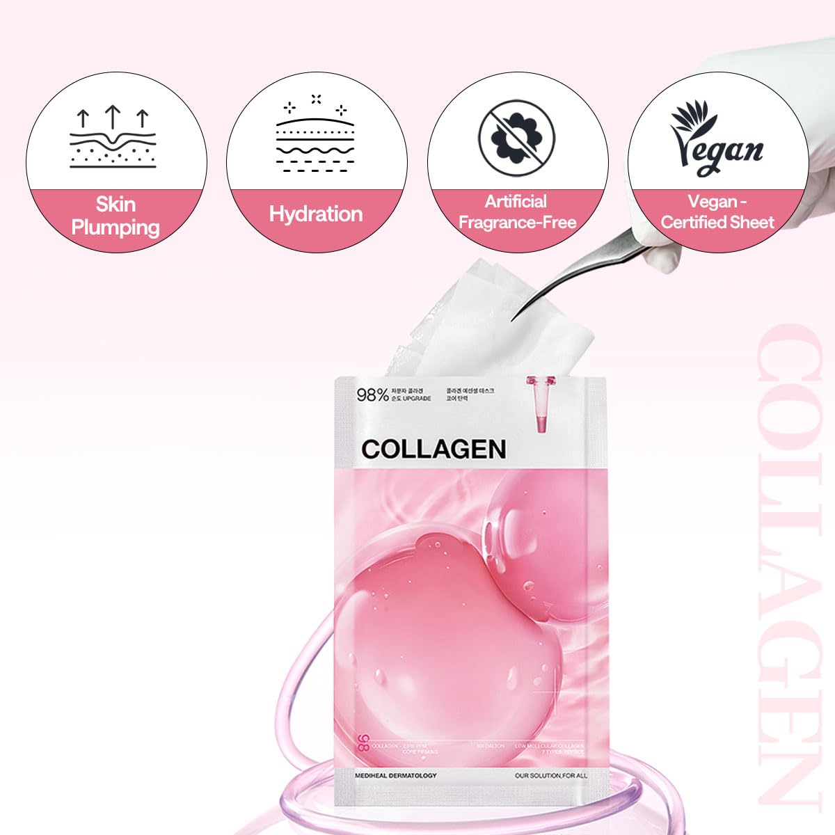 Mediheal Collagen Essential Sheet Mask Core Firming 10 pcs. 98% Vegan Collagen for firming, elasticity, and skin density improvement. Vegan formula