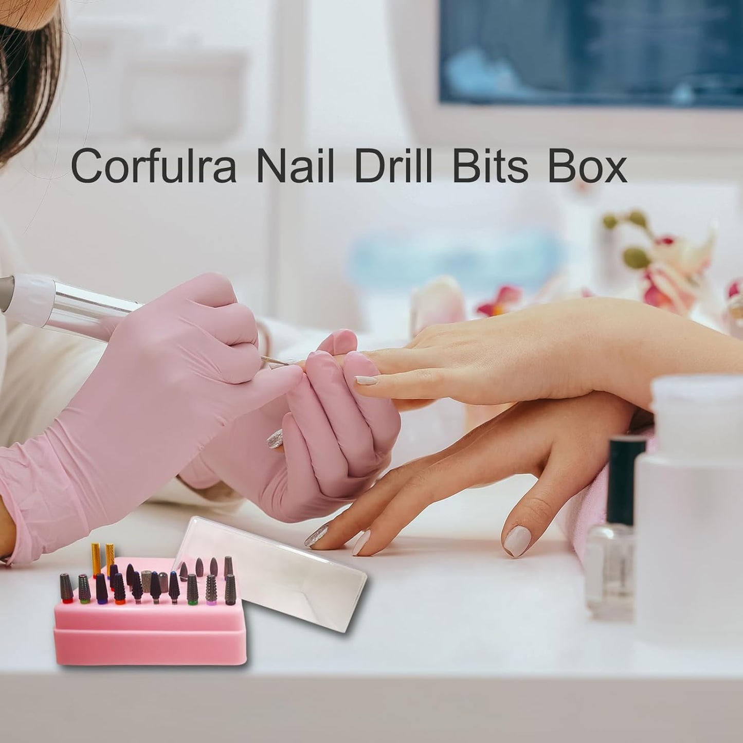 Nail Drill Bits Holder, CORFULRA Nail Organizer Box for Nail Drill Bits, Large Space of Container Case for Drill Bits for Nails, 100 Holes Dustproof Displayer Box of Nail Supplies for Nail Tach, Pink