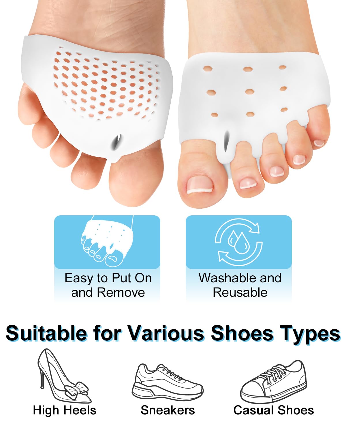 2 Pairs Silicone Toe Separators for Women and Men, Metatarsal Bunion Corrector Cushion, Soft And Breathable Toes Spacers for Foot Pain Relief (1*White+1*Skin)