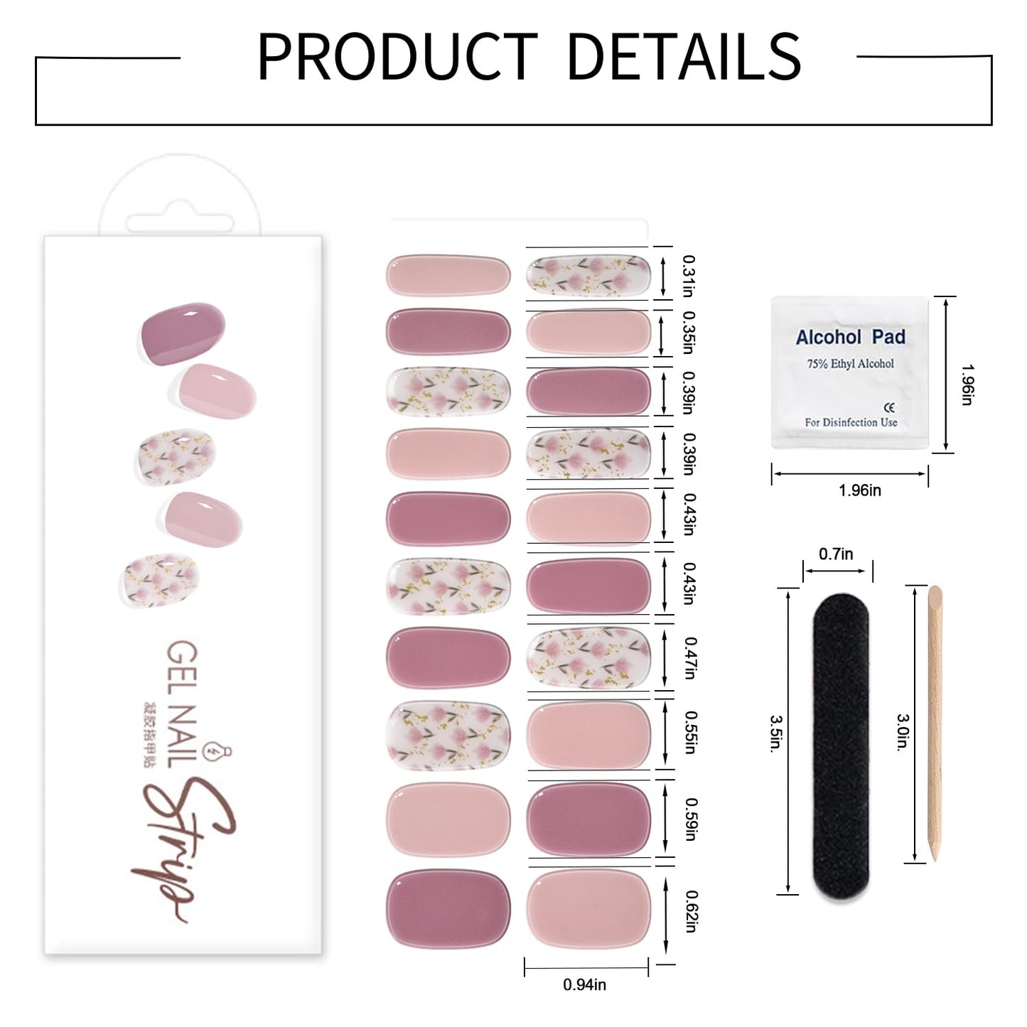 WOKOTO 1 Sheet Semi Cured Gel Nail Strips With Wood Stick, Nail File & Prepared Pads, 20 Tips Pink Flowers Semi Cured Nail Polish Strips, Harden With UV Light Gel Nail Wraps Stickers For Women Girls