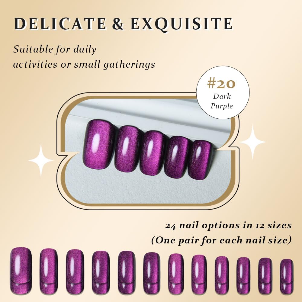 Purple Cat Eye Press on Nails Medium Square, Medium Square Glue on Fake Nails for Women Gift, Dark Purple Holographic Glitter Glossy Reusable Soft Gel Stick Press on Acrylic False Nail with Designs