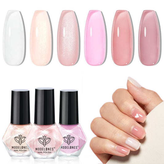 modelones Jelly Nail Polish Set 6 Colors, Milky White Pink Sheer Nude Quick Dry Mini Nail Lacquer Kit, Translucent Clear Transparent Peach Shimmer Manicure DIY Nail Art Spring Gift for Women Girls