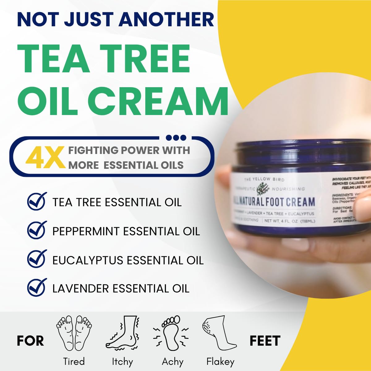 Yellow Bird Foot Cream – Hydrating Tea Tree Oil Foot Balm with Essential Oils. Natural Athletes Foot Treatment. Moisturizing Cracked Feet Repair & Callus Remover. Made In USA - 2 oz