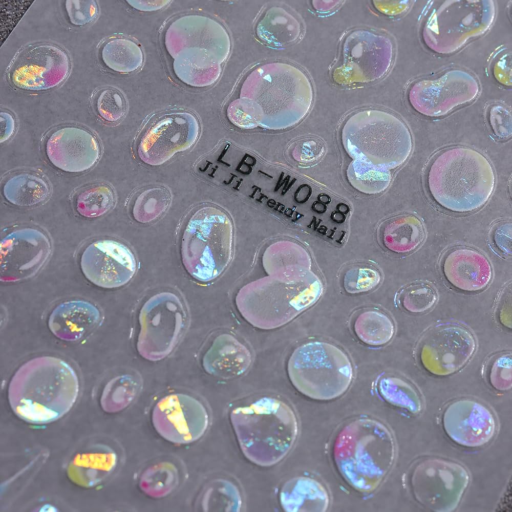 Water Bubble Nail Art Stickers Summer 3D Embossed Bubble Nail Decals 3PCS Colored Shiny Cute Dreamy Bubbles French Tip Design Summer Nails Adhesive Stickers Accessories for Women DIY Nail Decorations