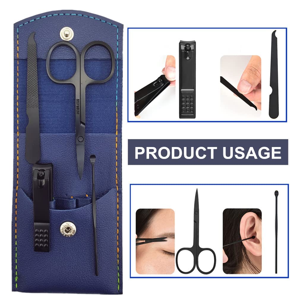 Manicure Set, Professional Men/Women Nail Clippers Kit 4PCS， Stainless Steel Nail Cutter Care Tools Professional Grooming Kits, PU Leather Travel Case(black)