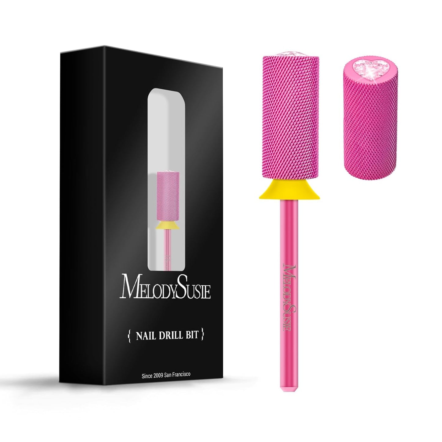 MelodySusie Large Barrel 3/32'' Tungsten Carbide Nail Drill Bit, Crystal Top Pink Heart Shape, Fast Remove Acrylic Gel, Cuticle Gel Polishing for Manicure Pedicure, Pink Blossom, Series Bit-S, XF