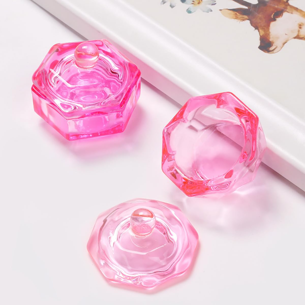 2 Pcs Pink Glass Nail Art Cups Nail Dipping Jars Nail Dappen Dishes Bowls Nail Powder Holders Nail Liquid Containers with Lid Nail Salon Supplies Hexagon Nail Art and Polish