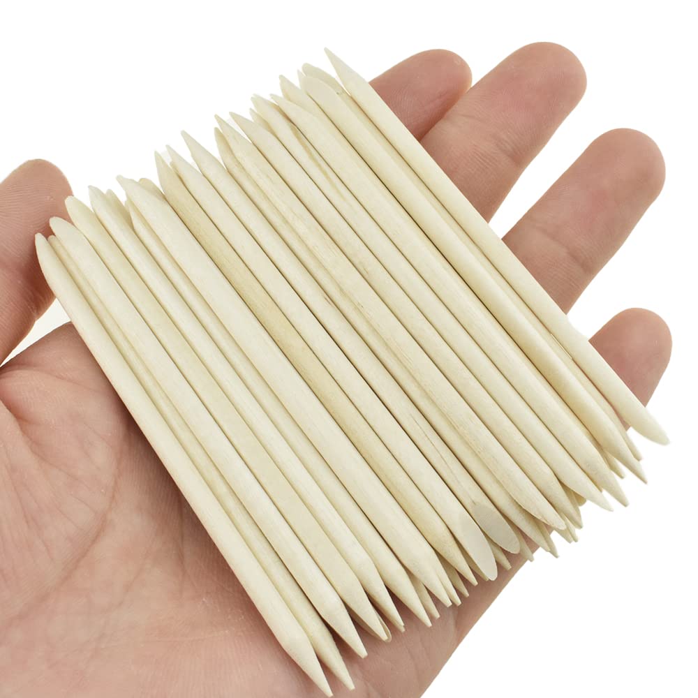 HAHIYO 3.7 inches 100PCs Natural Wood Double-Ended Cuticle Pusher Stick - Mini Orange Wood Stick for Nail Care, Manicure, and Pedicure - Effective Nail Cuticle Remover and Cleaning Tool Set