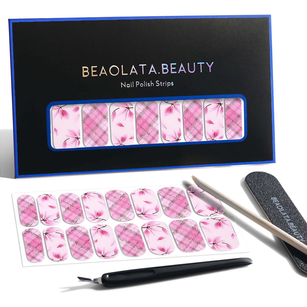 Nail Polish Strips, 32PCS Salon Quality Wraps, Long Lasting Gel Nail Stickers for Women Easy Apply& Remove (Pink Romance)