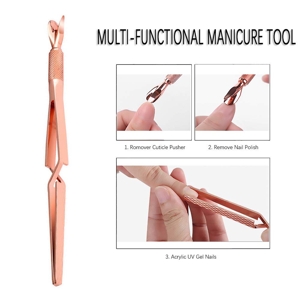 SILPECWEE 1Pc Rose Gold Nail Cuticle Pusher C Curve Nail Pinching Clips Nail Pusher Gel Nail Scraper False Nail Shaping Tweezers Nail Polish Remover Multi-Function Manicure Tools