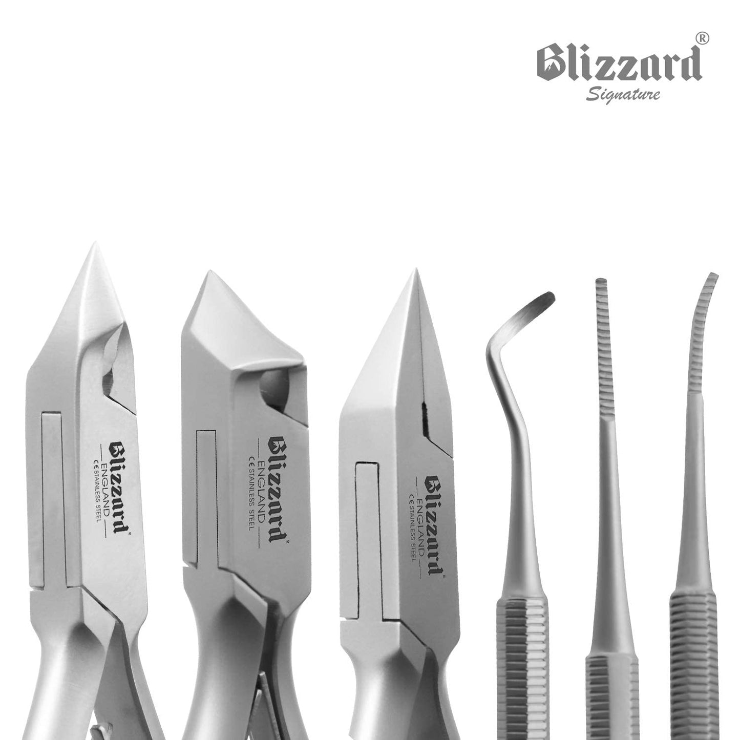 Podiatry Tool Kit by Blizzard – 5 Piece Set with Concave Arrow and Flame Toenail Nippers, Blacks File and Probe - German Forged Instruments - Hospital Grade