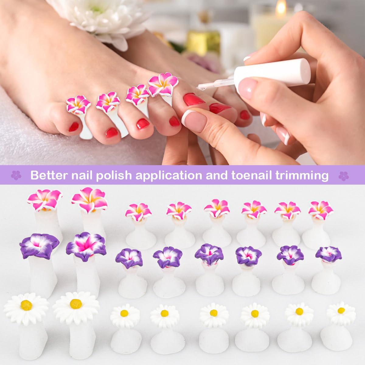 24 Pcs Daisy Flower Silicone Toe Separators, Gel Rubber Toe Stretcher Pedicures Toes Dividers Nail Art Tools Polish Guards for Home Salon