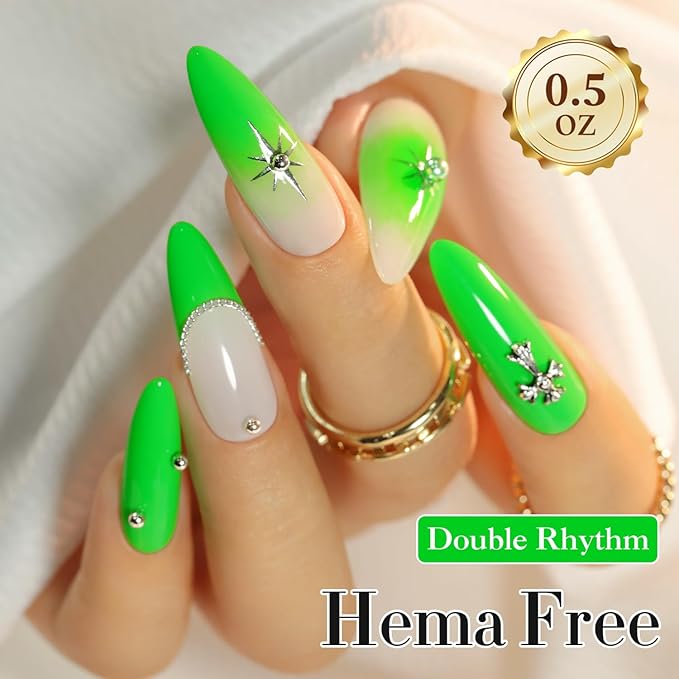 Double Rhythm 0.50 OZ Gel Polish Hema Free Same Color Same Bottle Golden Round Translucent Neutral Natural Milky 15 ML Jelly UV Polish Art DIY at Home (Neon Green-C1042)