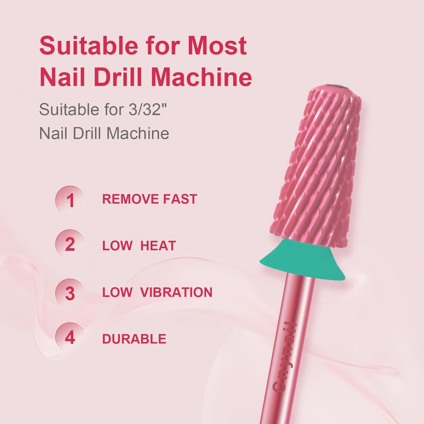 3/32" Large Tapered Smooth Top Bit Tungsten Carbide Nail Drill Bit Safety Bit for Gel & Acrylic Removal, 2- Way Rotating Efile Tip, Salon Electric File Accessory (C Girt, Rose Red)
