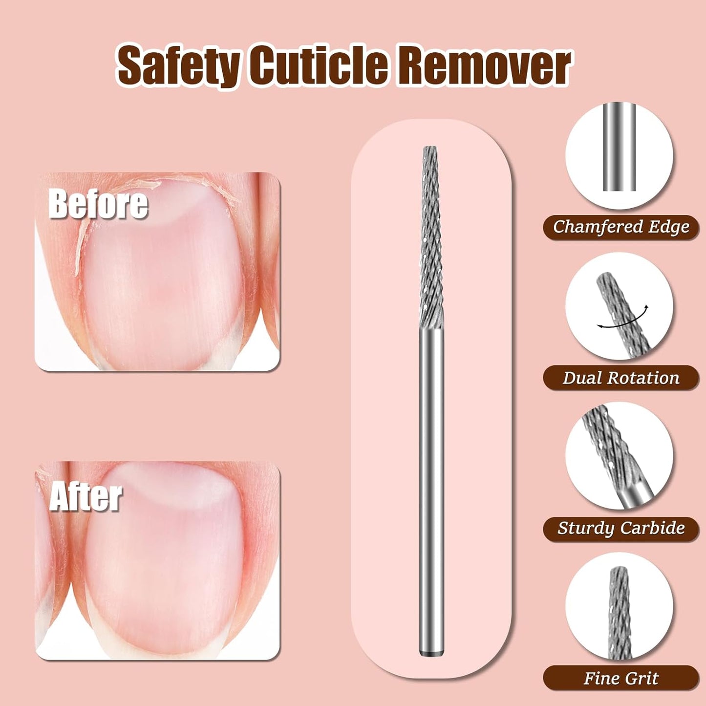 Cuticle Bit for Nail Drill 3/32'', Safety Carbide Cuticle Cleaner Bit for Dead Skin Cleaning Nail Prepare, Trimmer, Two Way Rotate, Small Cone Nail Drill Bit, Manicure Salon Experienced (Sliver, Fine)