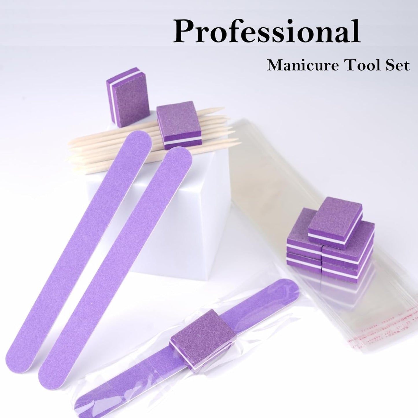 50 Set Disposable Manicure Kit, Including 50pcs Mini Nail Buffer, 50pcs Nail File, 50pcs Wood Stick, 50pcs OPP Bag, Press on Nail Tool Kit for Salon Home (Purple)