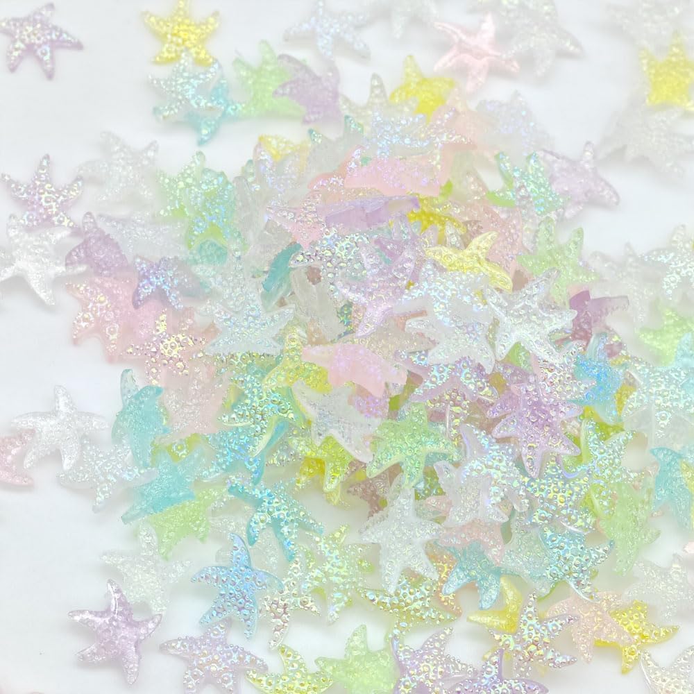 200PCS Iridescent Starfish Nail Art Rhinestones, Pastel Rainbow Colors, Mini Resin Decorations for Manicure