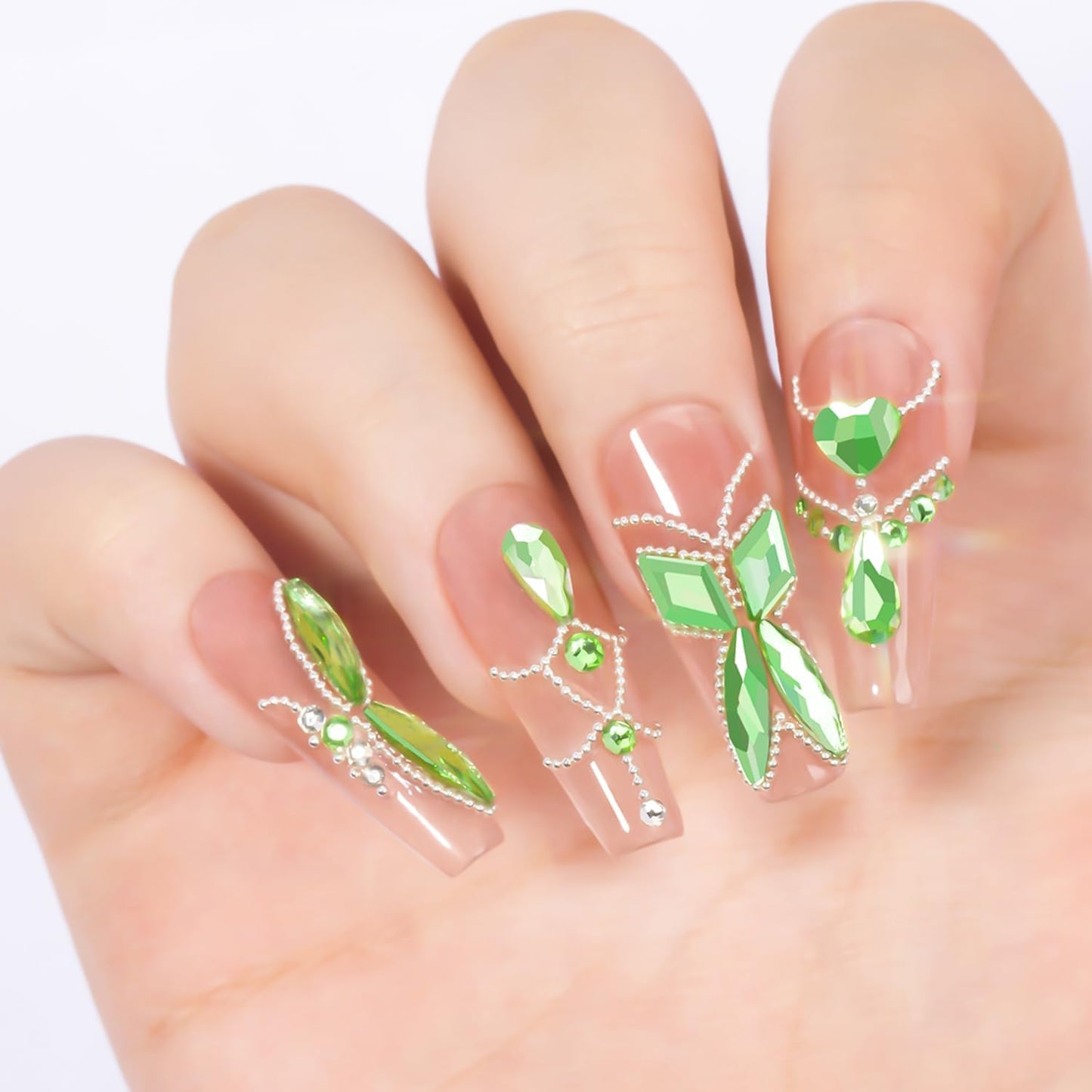 Multi Shapes Light Green 3D Glass Crystal Nail Rhinestones Kit Mix 0.8mm Silver Nail Round Beads Charm Flatback Gems 5 Grids Flatback Rhinestones Stone Diamond for Manicure Makeup DIY Decoration