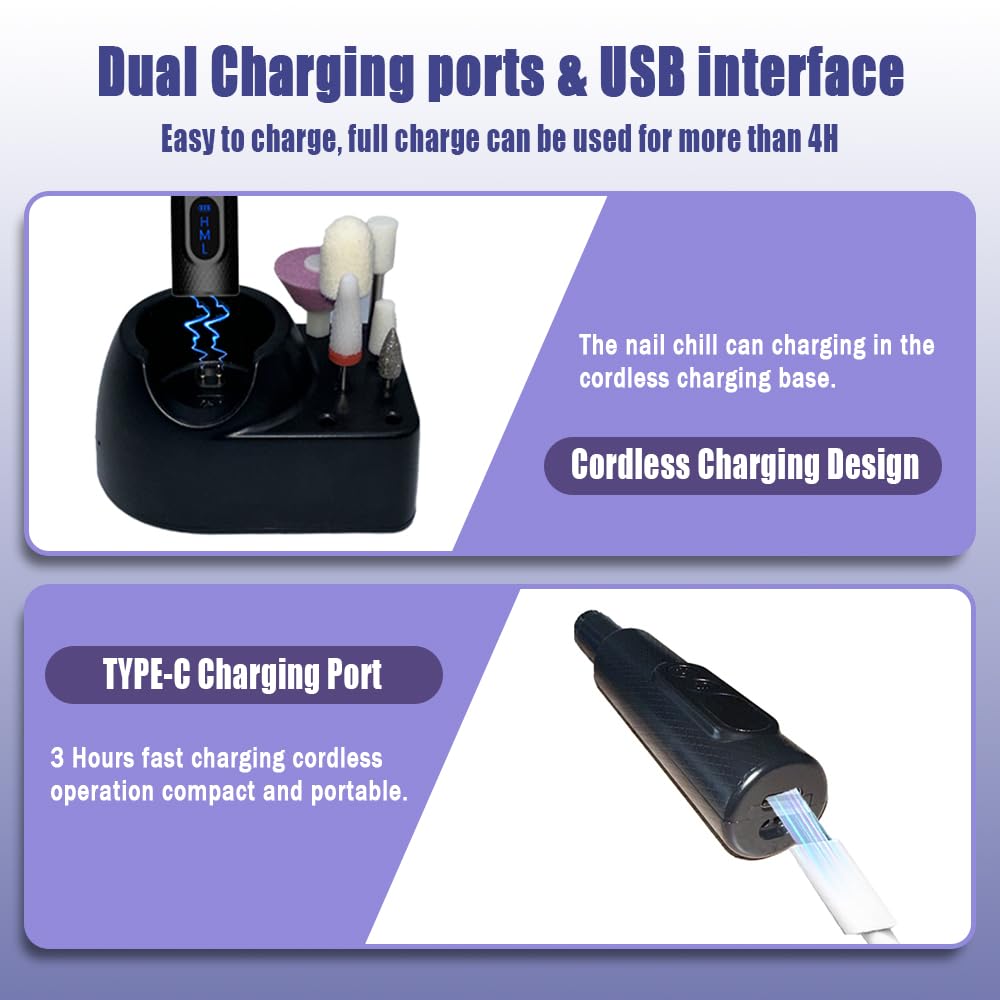 Pinkiou Electric Nail Drill, Cordless Electric Nail File ,Manicure Pedicure Kit for Acrylic,Gel Nails,Rechargeable Nail Drill,Professional Nail Grinder for Home Salon Use