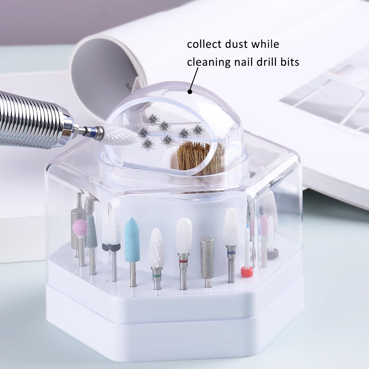 2 in1 Nail Drill Bit Holder and Nail Drill Bits Cleaner Brush Case, 24 Holes White Nail Drill Bit Holder Stand Display Organizer Dust Proof Storage Container Box Case Nail Tech Supplies