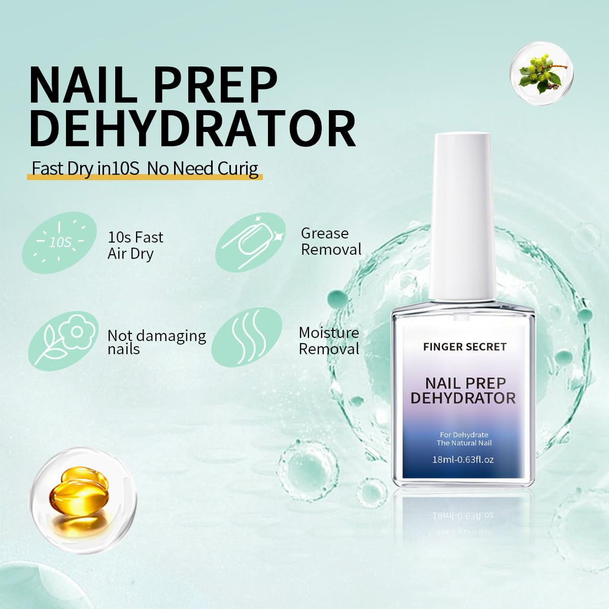 Nail Prep Dehydrator for Gel Polish 18ml/0.6floz, Fast Dry Primer, Nails Dehydrator for Nail Art Design in Salon or Home Use