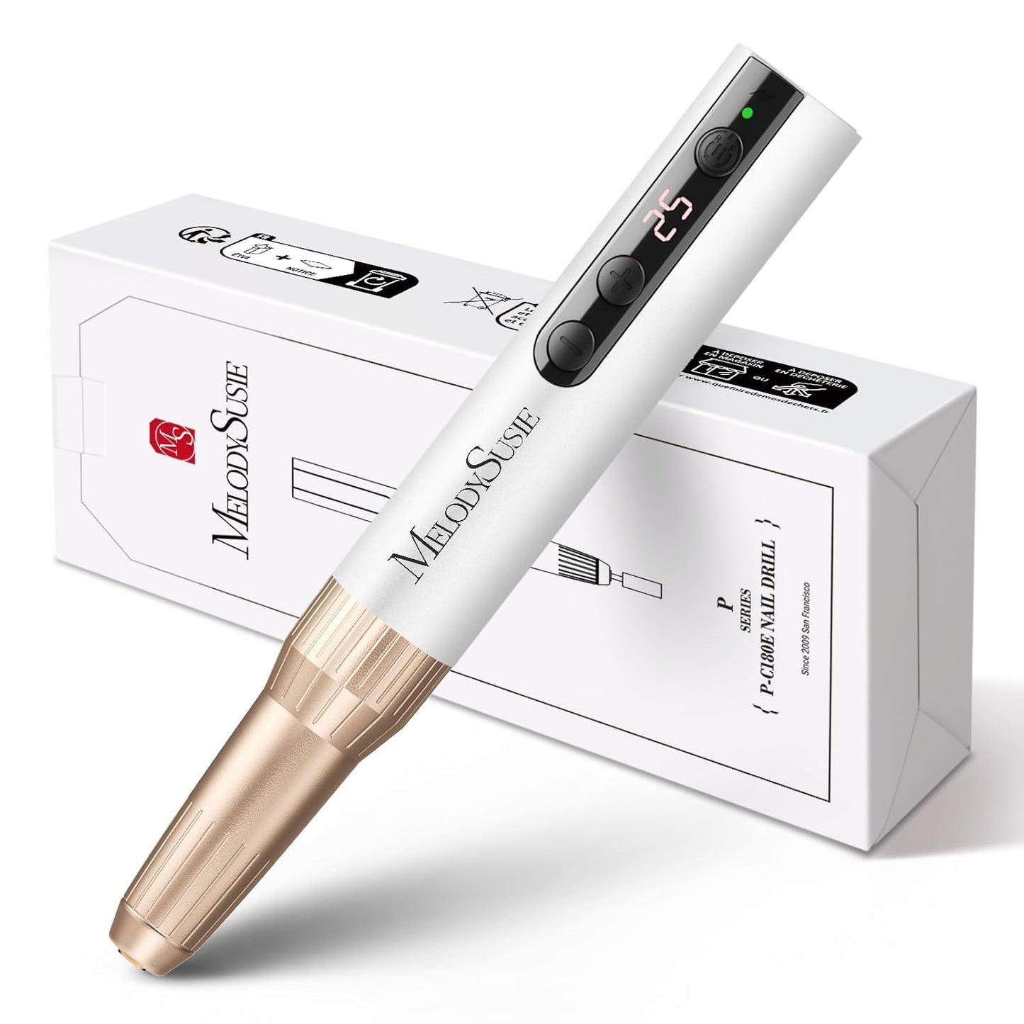 MelodySusie Pen-Shaped Portable Cordless Nail Drill, PC180E 25000RPM Rechargeable Electric File with LED Display for All Nail Care, Manicure Shaping & Acrylic Gel Removal for Nail Artists DIY at Home