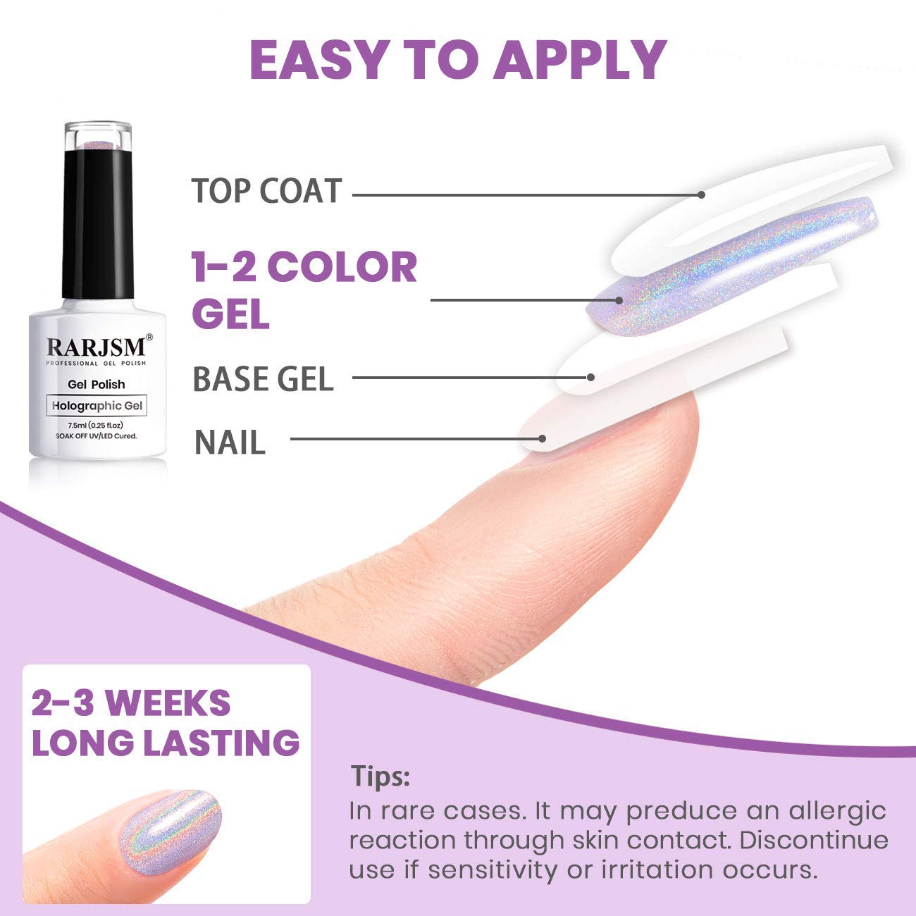 RARJSM Holographic Nail Polish Dark Purple Nail Polish 1 Pack 0.25 Fl.oz Quick Dry Gel Polish Nail Lamp Cured for Salon Home DIY Nail Art Design RAR76