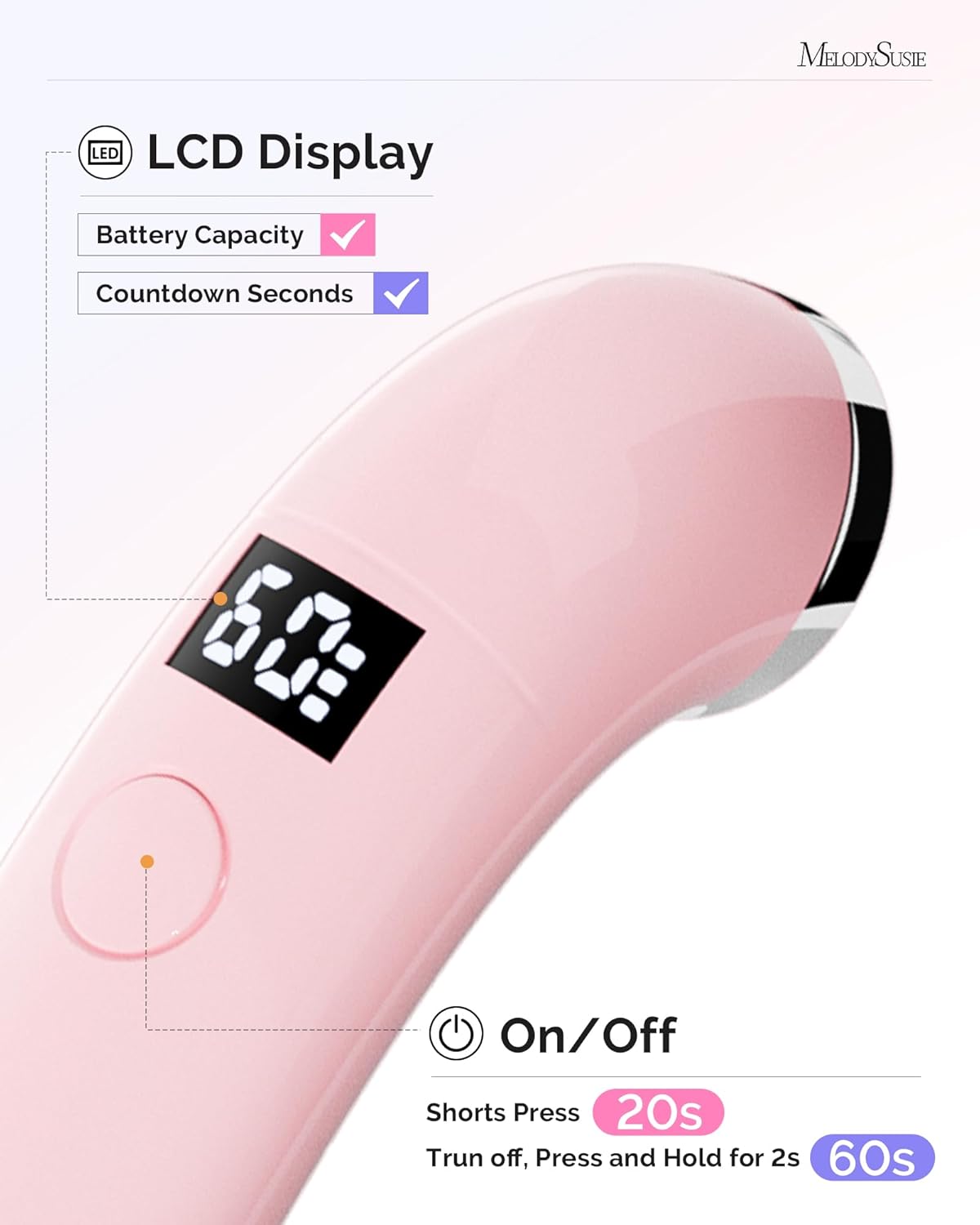 MelodySusie Handheld UV Light for Gel Nails, P-ART01A Cordless UV Nail Lamp with LCD Display& Ergonomic Design, Rechargeable LED Light Flash Cures Soft Gels, Rhinestone Glue & Liner Gel, Pink