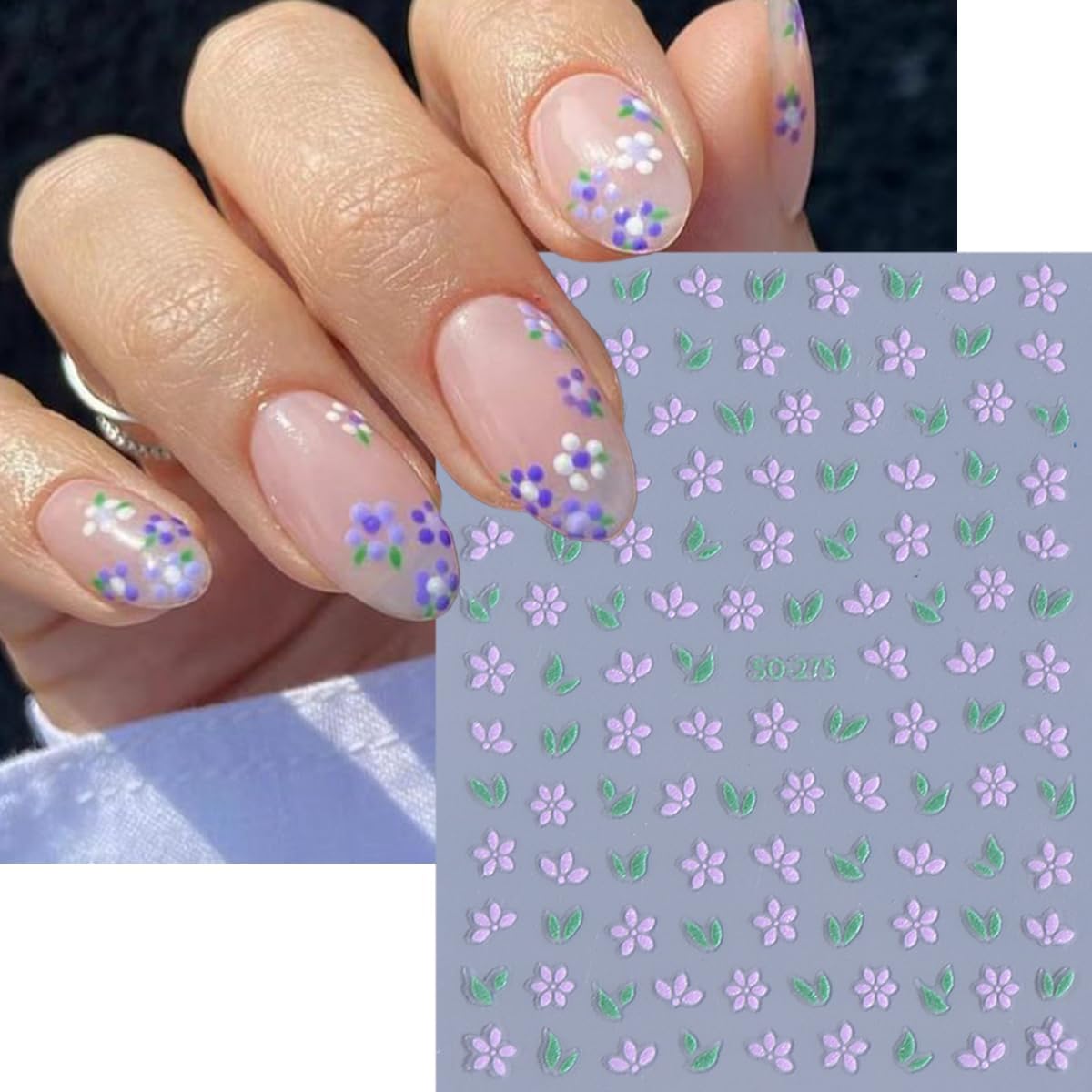 6 Sheets Flower Nail Stickers for Nail Art Pink Purple White Flowers Nail Decals French Line Bow Nail Art Stickers 3D Self-Adhesive Leaf Daisy Nail Decoration for Women Girls Nail Design Supplies