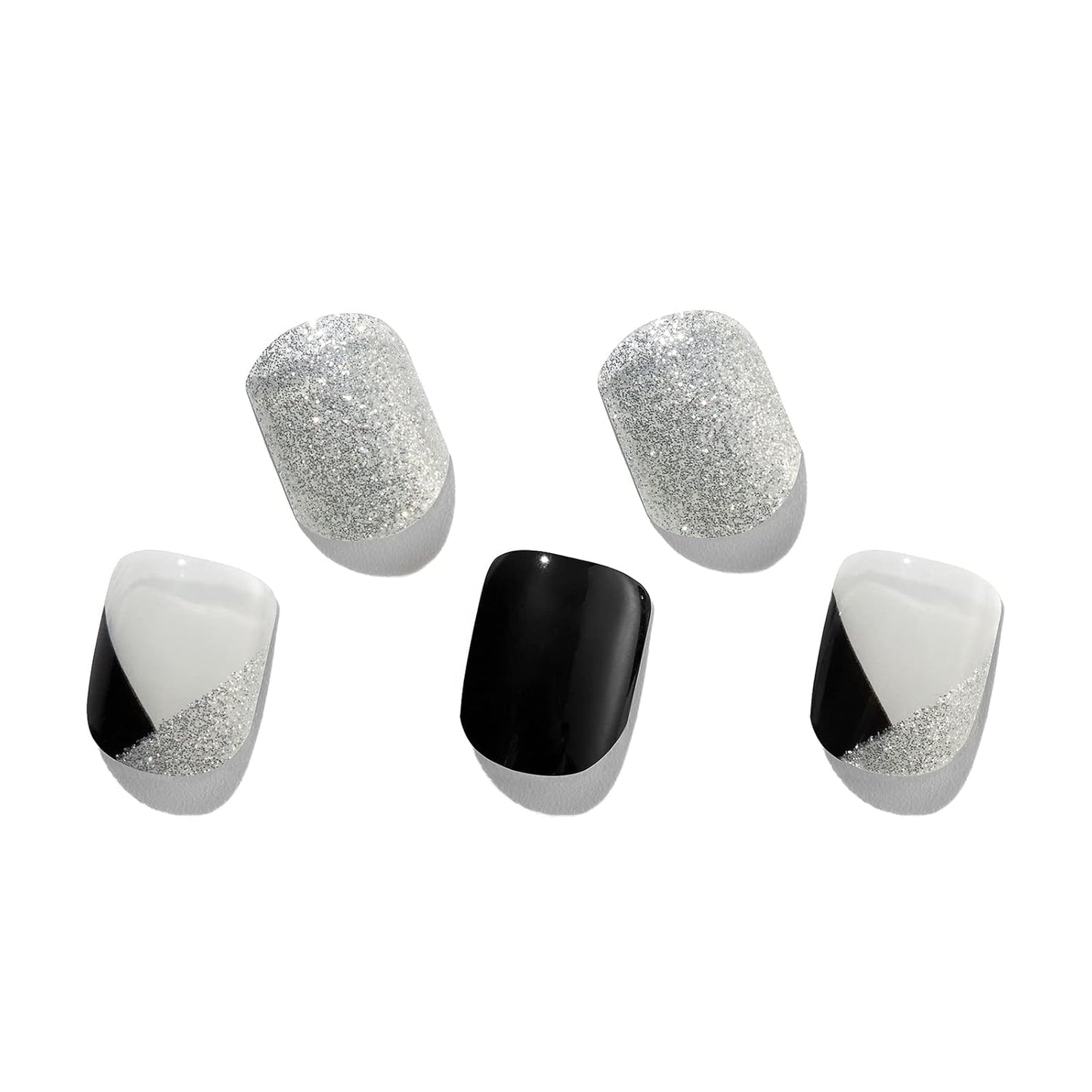 MOMSON Semi Cured Gel Nail Strips - 20 Real Gel Nail Polish Stickers/Full Nail Wraps for DIY at Home, Salon-Quality, Easy to Apply & Remove (Silver Glitter, White & Black)