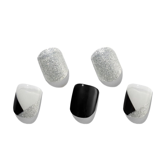 MOMSON Semi Cured Gel Nail Strips - 20 Real Gel Nail Polish Stickers/Full Nail Wraps for DIY at Home, Salon-Quality, Easy to Apply & Remove (Silver Glitter, White & Black)