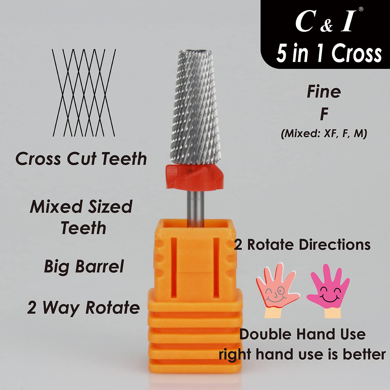 C & I 5 in 1 Multi-Function Tapered Shape Nail Drill, Cross Teeth Edition, Professional Drill Bit for Nail Manicure Machine (Fine - F)