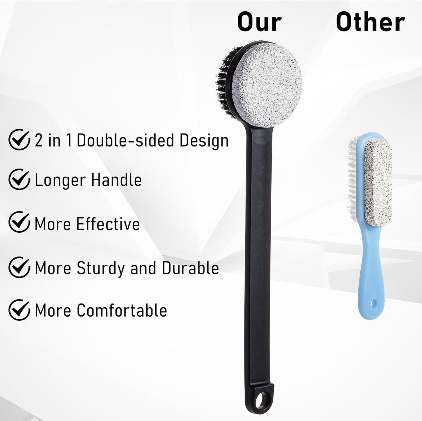 Pumice Stone for Feet and Shower Brush with Long Handle 14", Hard Skin Callus Remover, 2 in 1 Foot Scrubber Brush, Back Scrubber Body Brush for Shower Deep Cleansing and Exfoliating (Straight)