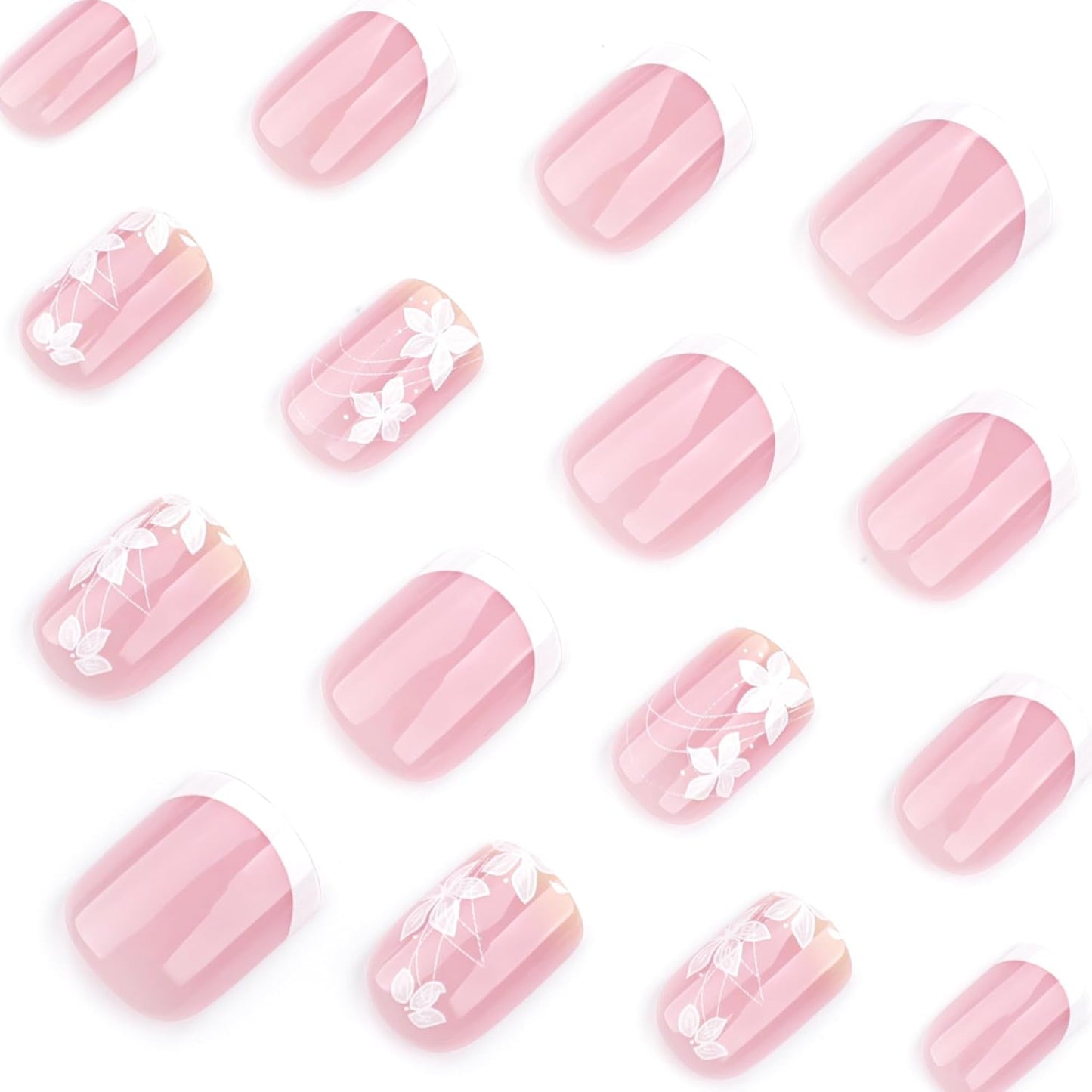 Spring Press On Nails Short Square, Nude Fake Nails with White French Tips Delicately Adorned with White Floral Accents, Glossy Gel Finish Acrylic Nails Press Ons Short Thick Natural Glue On Nails Kit