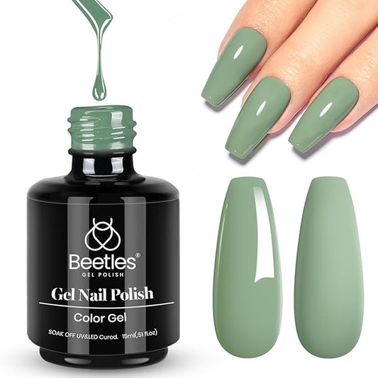 Beetles Green Gel Nail Polish, Fall Emerald Olive Sage Green Eucalyptus Gel Polish 15ml Soak Off U V LED Nail Lamp Nail Art Manicure Salon DIY Home for Women