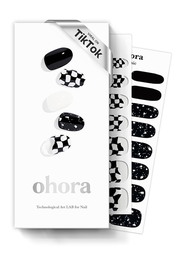 ohora Semi Cured Gel Nail Strips (N Checkers) - Dark, Patterned, Works with Any UV/LED Lamps, Salon-Quality, Long Lasting, Easy to Apply & Remove - Includes 2 Prep Pads, Nail File & Wooden Stick