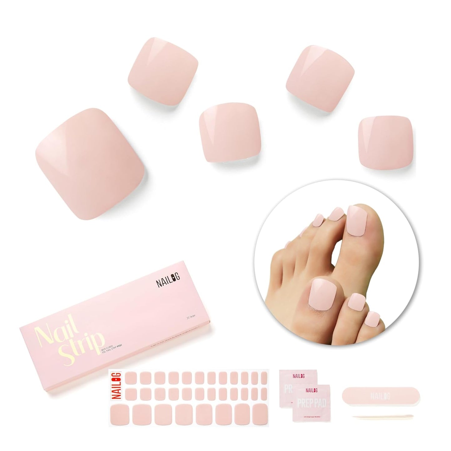 NAILOG Semi Cured Gel Nail Strips, Toe Nail Polish Strips with Glossy Gel Finishing | Buy 3 Get 1 UV Lamp| 32 Pieces Long Lasting Pedi Stickers | Dusty Rose
