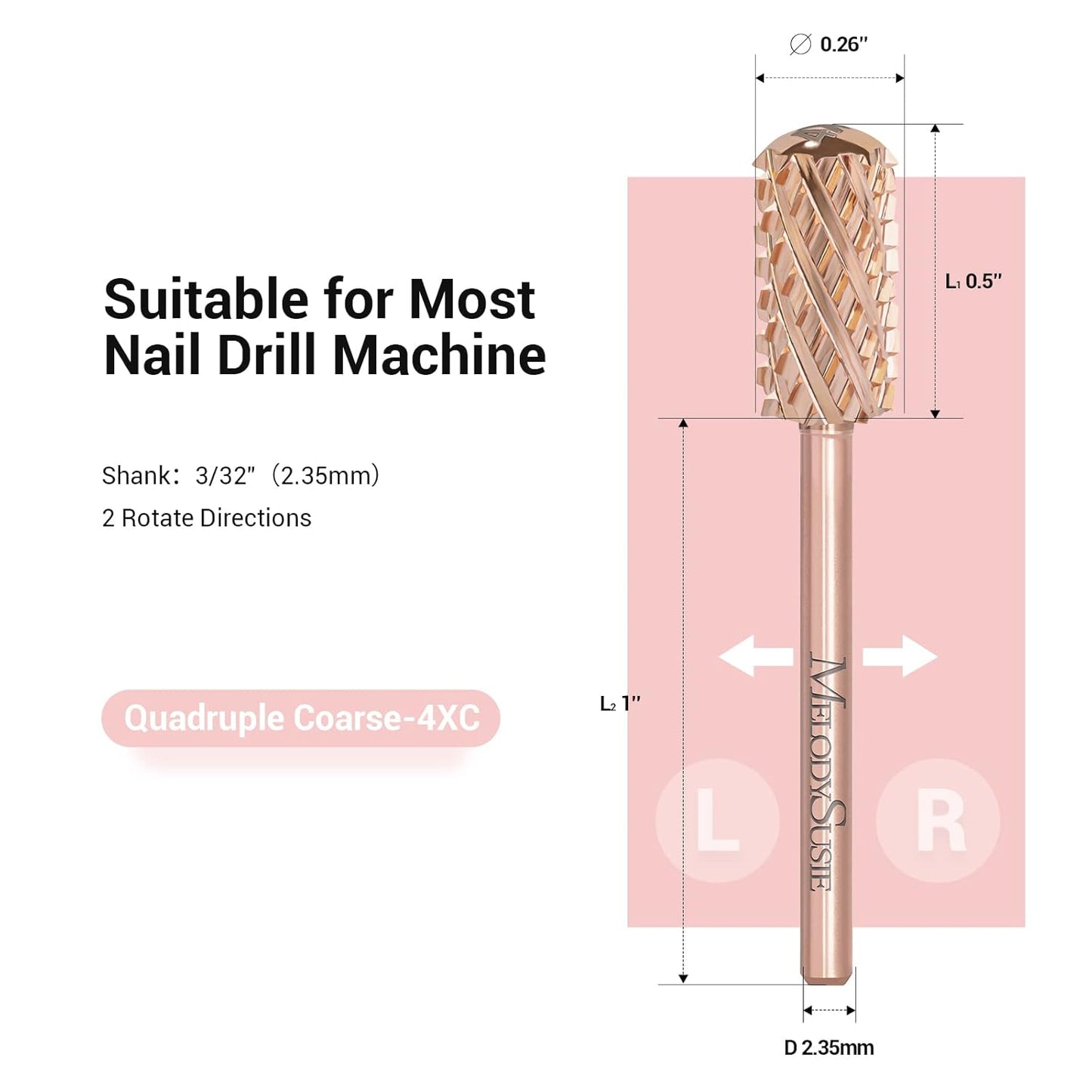 MelodySusie Safety Nail Drill Bits, 3/32'' Smooth Round Top Large Barrel Carbide Bits, Suitable for Manicure Pedicure Cuticle Gel Polishing, Beginners Bits, Rose Gold, Series Bit-S, Quadruple Coarse