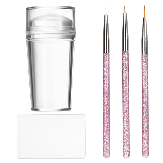 French Tip Nail Stamp Clear Silicone French Tip Tool French Tip Stamp French Manicure Kit French Nail Art Stamper Kit with Scrapers and Nail Art Brushes for French Manicure Home DIY Salon 5 Pcs