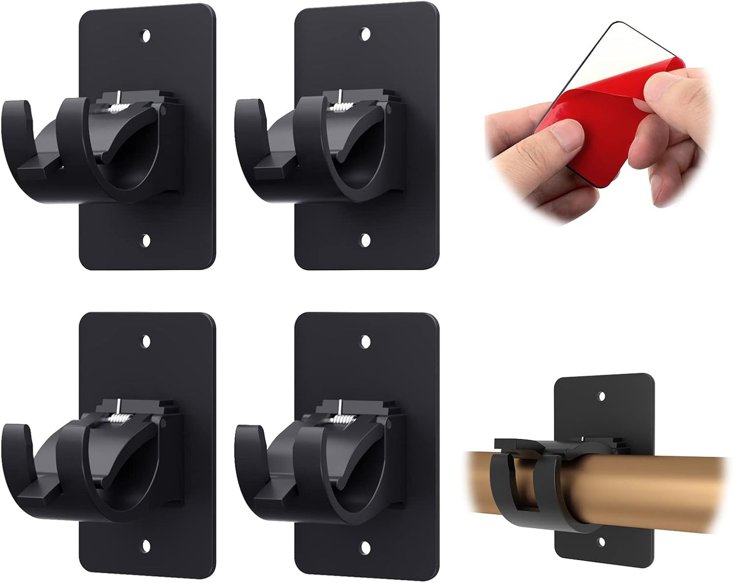 CIEMGNZOC 4 PCS Curtain Rod Bracket Holder, Universal Self Adhesive Wall Mount fits Support Curtain 0.6'' to 1.5'' Curtain Rod, Curtain Rod Hooks for Bathroom Kitchen(Curtain Rod Not Included)(Black)
