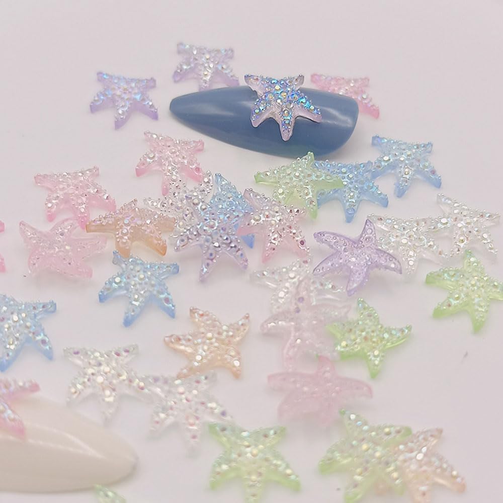 200PCS Iridescent Starfish Nail Art Rhinestones, Pastel Rainbow Colors, Mini Resin Decorations for Manicure