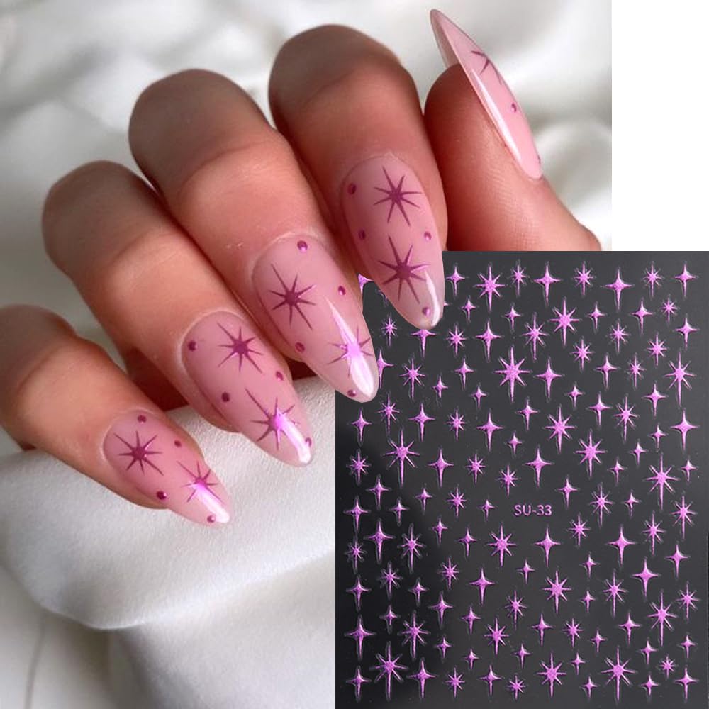 4 Sheets Starlight Star Nail Stickers 3D Glitter Shiny Purple Gold Silver Laser Stars Nail Art Designs Self-Adhesive Nail Decals for Women Girls DIY Manicure Decoration Supplies