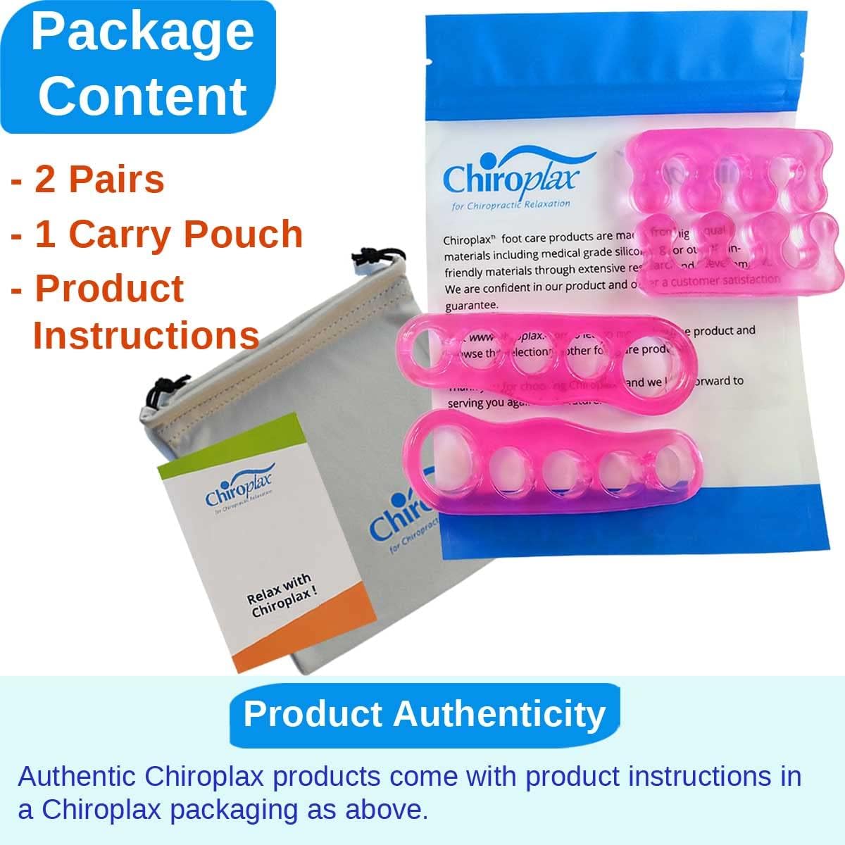 Chiroplax Gel Toe Separators Stretchers Spreader Spacer for Bunion Bunionette Relief Hammer Overlapping Toe Straightener Corrector (2 Pairs w/Pouch - Hot Pink)