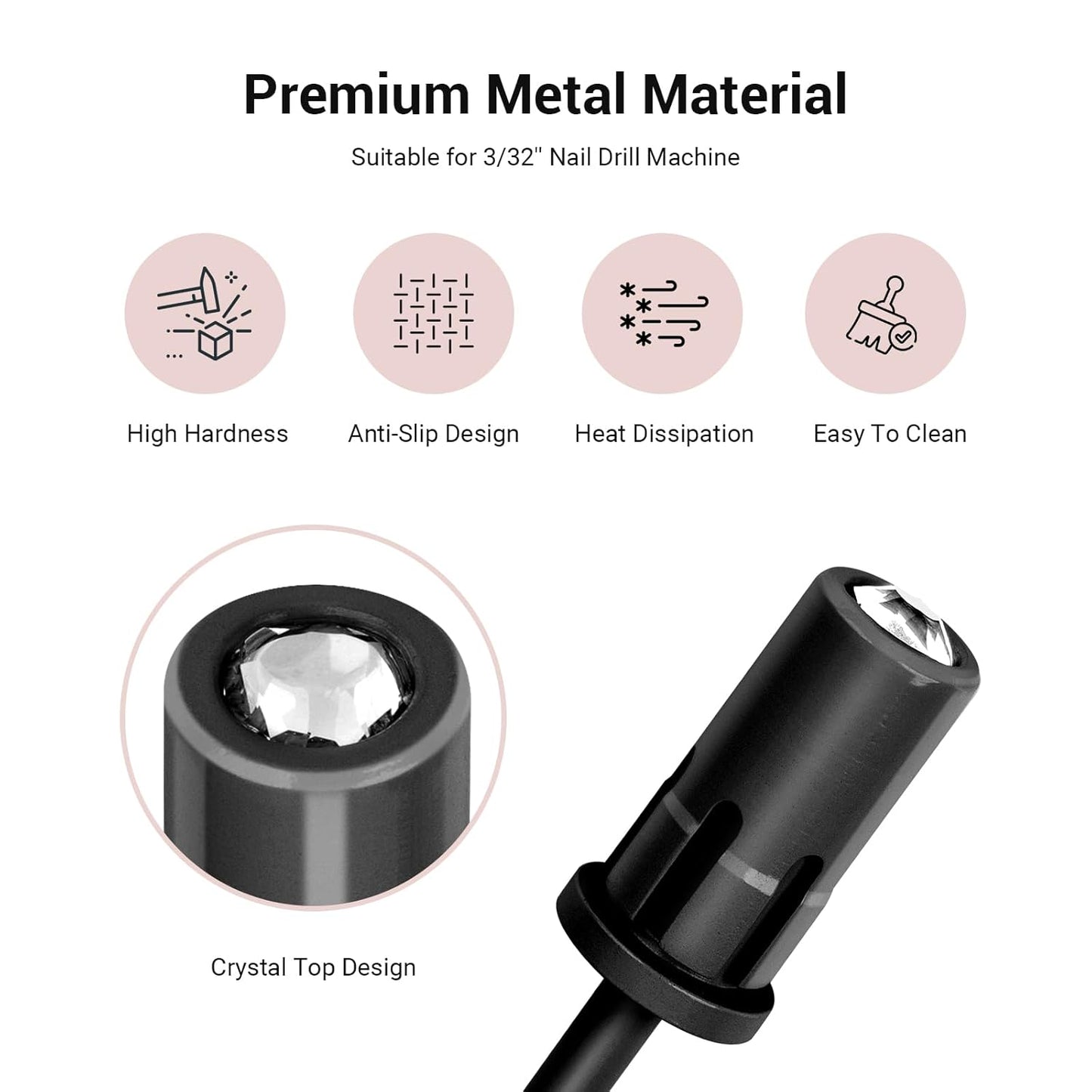 MelodySusie Crystal Top Mandrel Bit for Nails, 3/32'' Easy Off Nail Drill Bits for Sanding Bands, Suitable for Acrylic Nails Gel Manicures and Pedicures, Black