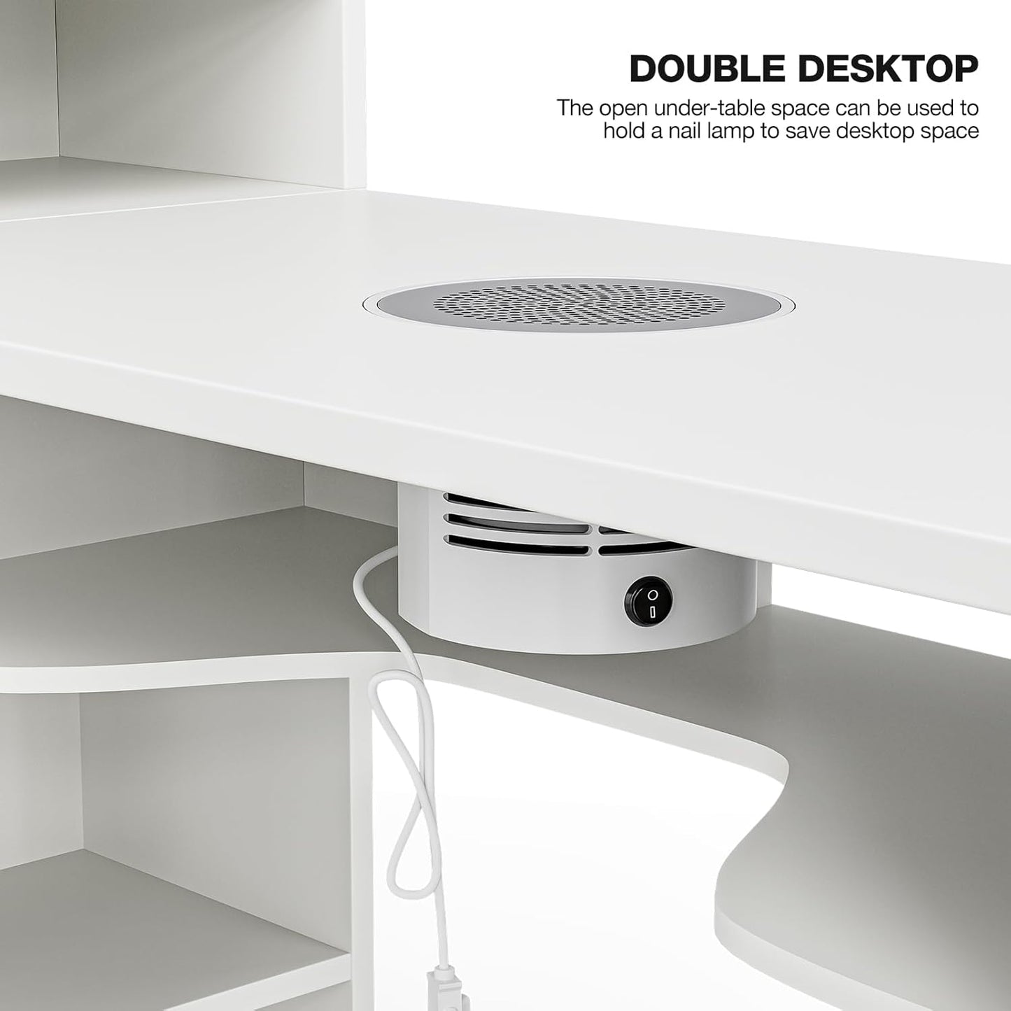 Manicure Table with Shelves, L-Shaped Nail Table Station w/Electric Downdraft Vent, Foldable Nail Arm Rest, Storage Cabinets, Drawers, Metal Handles & Legs for Nail Tech(White)